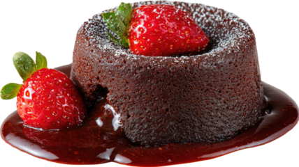 Chocolate fondant with strawberry top view isolated on a white background