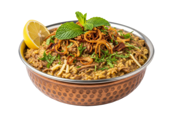 fragrant biryani rice with crispy onions in a copper bowl
