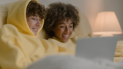 Two teens in hoodies sit cozy with a laptop &mdash; a night stream/movie on a sofa, warm relaxed scene.