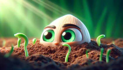 Funny seed cartoon germinating in the soil. Biology concepts
