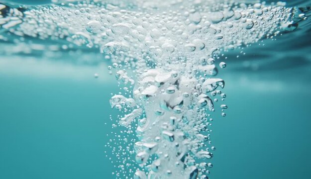 White effervescent tablet dissolving underwater in clear turquoise blue water, creating streams of bubbles rising upward