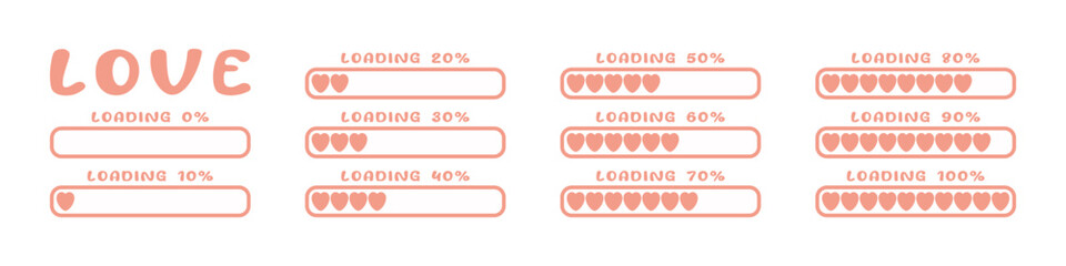 Horizontal love loader progress set from 0 to 100 percent with ten percent steps, illustrated using heart icons to visualize loading romance progress, emotions and relationship themed interface design