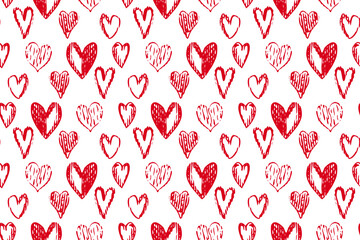 Seamless vector pattern featuring hand drawn white hearts on red background. Romantic, playful design ideal for textiles, wrapping paper, stationery, wallpapers, prints. Valentine's Day design