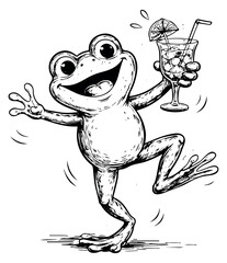 Fototapeta premium Hand drawn line art illustration of a happy frog depicting it dancing and holding a cocktail for a summer party