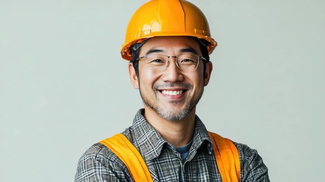 Construction worker in hard hat stands confidently with arms crossed in indoor setting during daylight hours