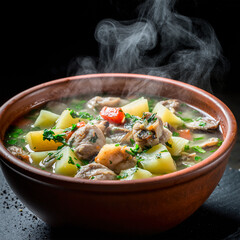 Delicious hot soup with vegetables and meat served in a brown bowl on a dark background