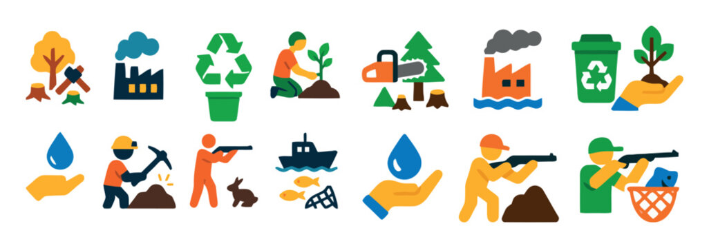 Set of illustrations representing forest management and environmental conservation strategies and ecological sustainability isolated on white - Powered by Adobe