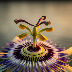 Vibrant passionflower with intricate details against a soft cloud backdrop in early morning light
