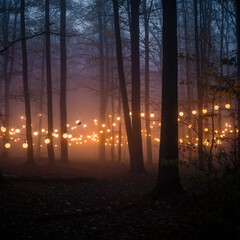 Lamps hang in a dense forest while fog blankets the ground at dusk, creating a soft glow among the trees