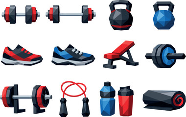 Low-Poly Fitness Icons. Modern low-poly fitness icon set illustrating dumbbells, kettlebells, sneakers, and workout equipment in a