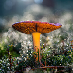 Mushroom with bright cap stands among dew-covered grass in a forest at morning light