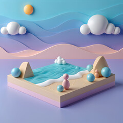 Creative three-dimensional beach scene with soft waves and clouds in pastel colors displayed on a flat surface
