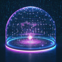 Digital dome with glowing patterns and data elements in a dark background during a technology-themed event at night