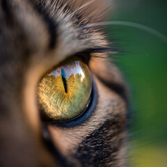 Macro view of a cat eye showing color and detail in natural light during daytime