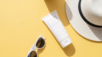 A flat lay of summer essentials on a bright yellow background