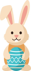 Cute cartoon bunny holding a blue easter egg isolated on white background