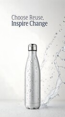 Minimalist stainless steel water bottle with fresh water splash for reuse and change