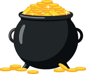 Black cauldron filled with gold coins on white background
