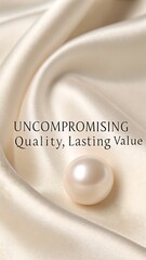 Radiant pearl resting on soft silk with a message of Uncompromising Quality, Lasting Value