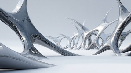 Futuristic Smooth Chrome Shapes with Organic Bone-Like Structures Overgrown with Fur on White Background