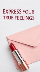 Red Lipstick tube next to pink envelope showcasing true feelings