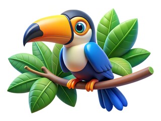 Obraz premium Vibrant cartoon toucan perched on a branch with lush green leaves