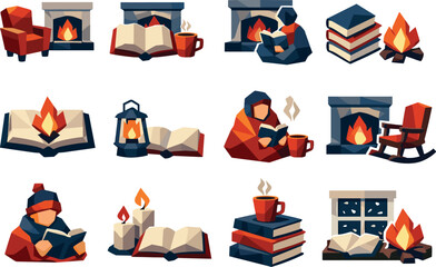Cozy Reading Icons. Stylized low-poly reading-by-the-fire icons designed with sharp angular polygons and faceted fireplace and
