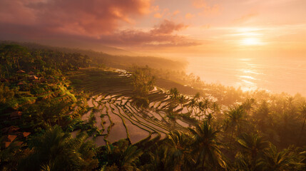 Tropical Rice Terraces at Sunset with Ocean Horizon and Palm Trees