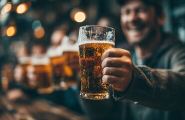 Friends gather to celebrate a sports game win, shouting and laughing with hands up, as they savor a convivial ambiance and indoor beer at the bar