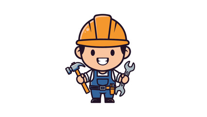 Obraz premium Cartoon Builder Holding Hammer and Wrench.