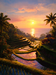 Tropical Rice Terraces at Sunset with Ocean Horizon and Palm Trees