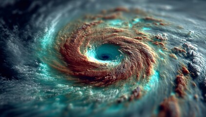 Obraz premium A spiral weather map with vivid colors visualizes the hurricane's route, highlighted by a red center. The storm's intensity is conveyed through a rainbow spectrum over the dark ocean. Data predicts a