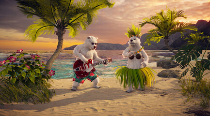 Romantic Polar Bears on Tropical Beach: Hawaiian Sunset Party with Guitar & Hula Dance. Perfect for Vacation, Love, Valentine's Day.