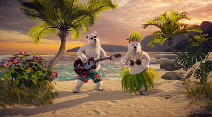 3D Render of  Romantic Polar Bears on Tropical Beach: Hawaiian Sunset Party with Guitar & Hula Dance. Perfect for Vacation, Love, Valentine's Day.