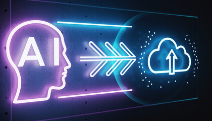 Artificial intelligence transferring to cloud storage with neon-light. The image showcases the concept of transferring information to cloud computing with modern style