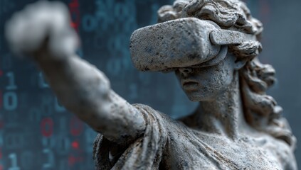 The Lady Justice figure, donning a virtual‑reality headset, balances scales in a futuristic digital environment, embodying law, tech, cyber justice, and AI ethics