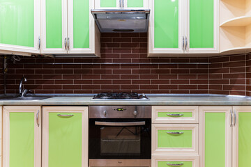 kitchen symmetry background pattern interior frame work furniture green plastic shelfs and horizontal surfaces geometric lines