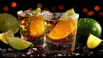 Two servings of tequila, complete with ice cubes and salted rims, rest on a shadowy bar, flanked by lime wedges, awaiting a nighttime celebration