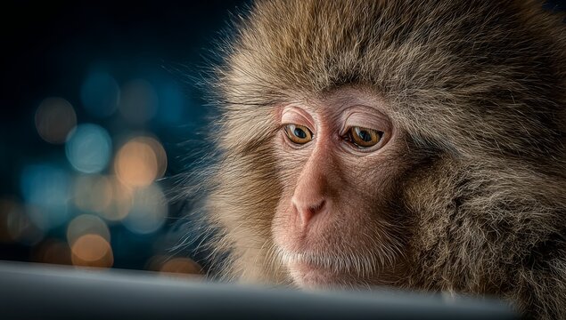 An intelligent chimp sits at a workstation, types on a laptop, and code appears on the screen. The ape utilizes a computer, reviews statistical graphs, learns about the digital environment, and