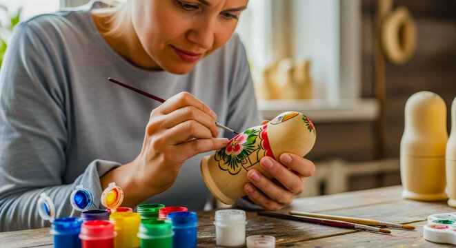 smiling female artist meticulously painting colorful floral patterns on a traditional wooden matryoshka nesting doll