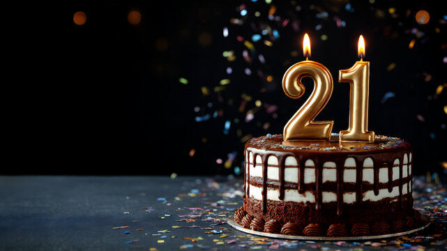 Chocolate Cake with Gold Number Candles Burning for 21st Birthday or Anniversary Event Festive Confetti Background Party Decorations, Celebration Marketing, Copyspace Hero Image, Party Advertising