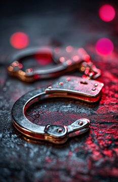 Metal handcuffs rest upon a dark, textured background, symbolizing arrest, restraint, justice, criminal law, enforcement, and the forfeiture of liberty
