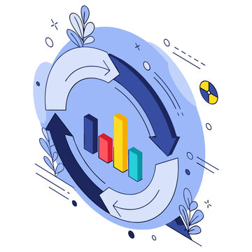Data analysis concept with circular arrows and bar graph on blue background