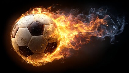 Naklejka premium A soccer ball speeds through the air, surrounded by a vivid fiery glow and bright sparks, propelled with great force against a dark setting, showcasing pure energy, heat, speed, and the dynamic