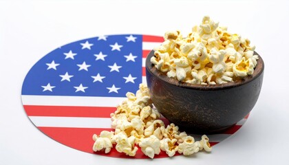 Wooden bowl full of fresh popcorn placed on a round American flag sticker over a clean white background, concept of American cinema and snacks