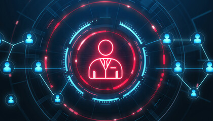 Network connection represented by digital neon avatars and lines