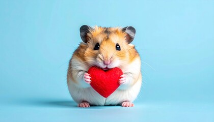 Cute fluffy hamster holding small red textile heart in its paws against solid blue background, valentines day love and care concept