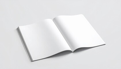 Mockup of open blank white magazine or book lying on flat grey surface with soft shadows from above, concept of print media design and catalog presentation