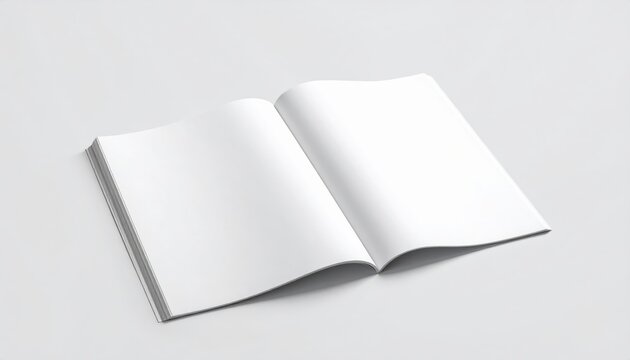 Mockup of open blank white magazine or book lying on flat grey surface with soft shadows from above, concept of print media design and catalog presentation