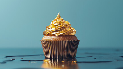 Cupcake topped with metallic gold cream on blue background, luxury dessert and celebration concept with copy space.